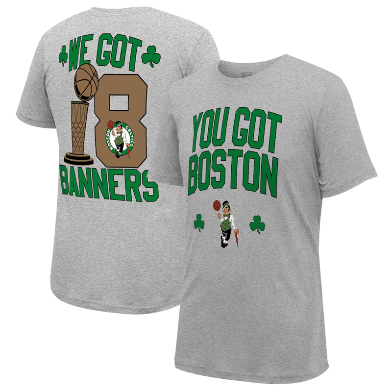 Men's Boston Celtics Grey 2024 Finals Champions 18 Banners T-Shirt